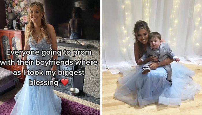 A 16-year-old mum could never have looked more joyful to accept her baby as her date to her school prom.