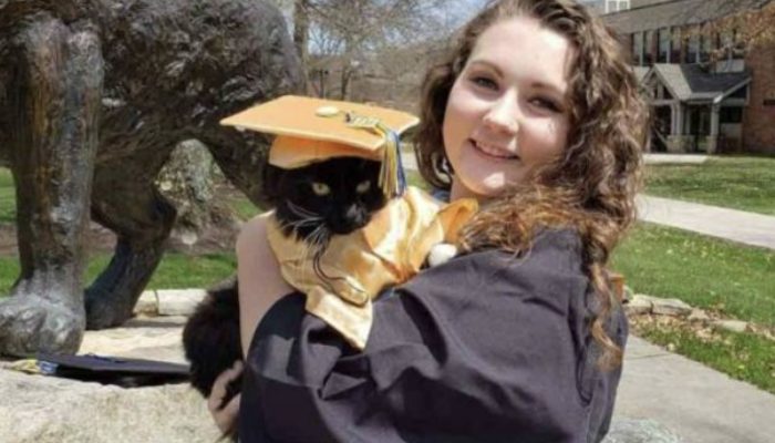Along with her mother, the lovely cat wears a sweet bespoke gown as she graduates and receives a diploma in emotional support.