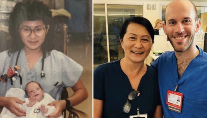 Nurse and the baby she cared for 28 years ago have been reunited. At the same hospital, he is now a resident.