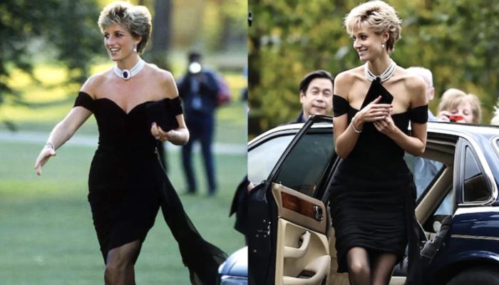 Elizabeth Debicki resembles Lady Di exactly, when she wears the famous Revenge Dress.