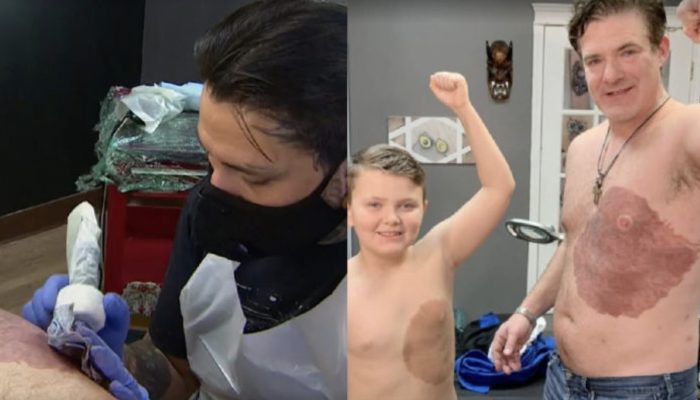 Dad spends 30 hours on a tattoo to match his son's distinctive birthmark and boost his confidence.