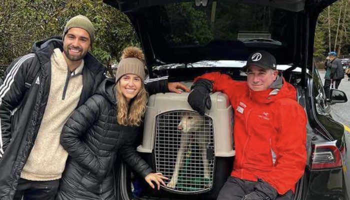 The lost puppy was recovered by rescuers, who wrapped her in a sweatshirt to keep her warm.