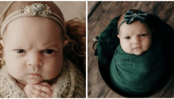 A 14-day-old girl's talking eyes and facial expressions are used to express her unhappiness.