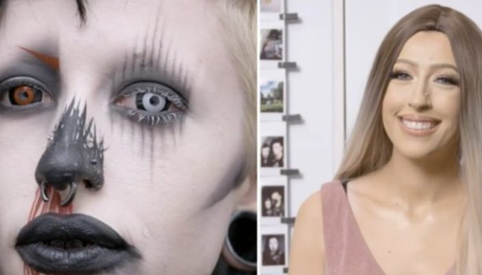 Goth girl decided to try something new and showed how she would appear in regular clothing and no makeup.