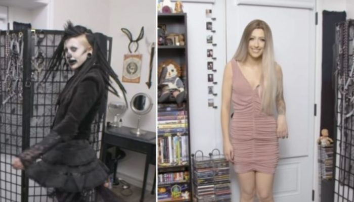 Goth girl decided to try something new and showed how she would appear in regular clothing and no makeup.