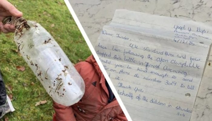 Mother and children discovered a bottle containing a message from a former student hidden inside.