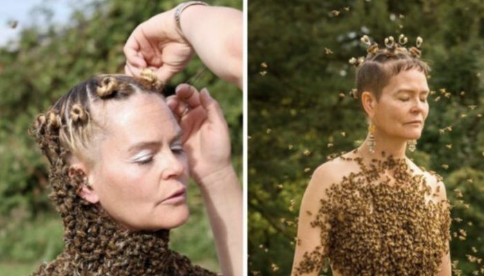 A courageous 45-year-old woman shocks everyone by wearing 12,000 bees in place of clothing.