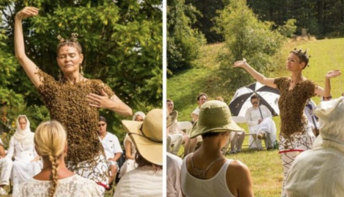 A courageous 45-year-old woman shocks everyone by wearing 12,000 bees in place of clothing.