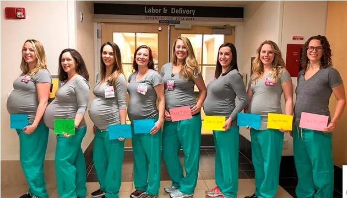 A group photo of numerous expecting nurses may be seen on the Maine Medical Center’s website