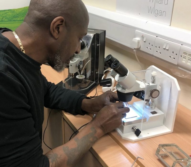 À l'aide d'un microscope, un homme autiste construit des sculptures artisanales petites comme un grain