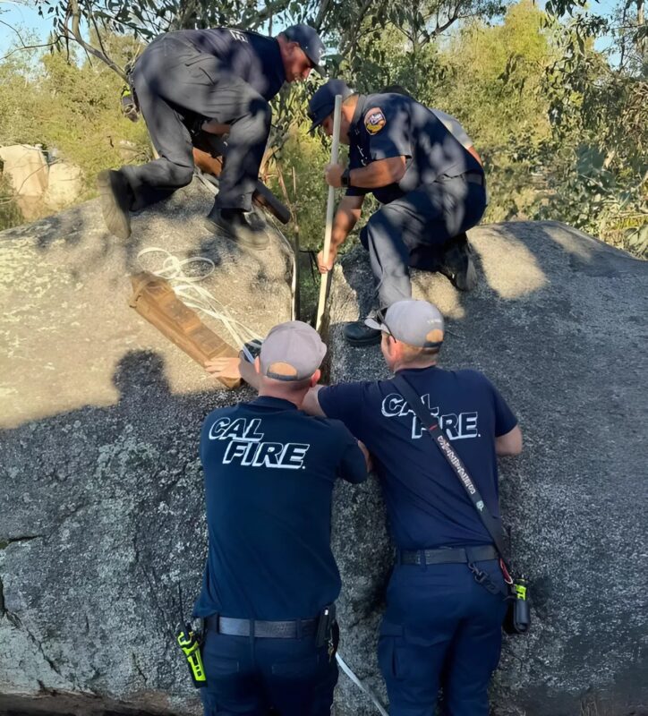 A tűzoltók bontják a sziklákat, és egy érthetetlen hangokat kiadó kiskutyát hagynak maguk után.