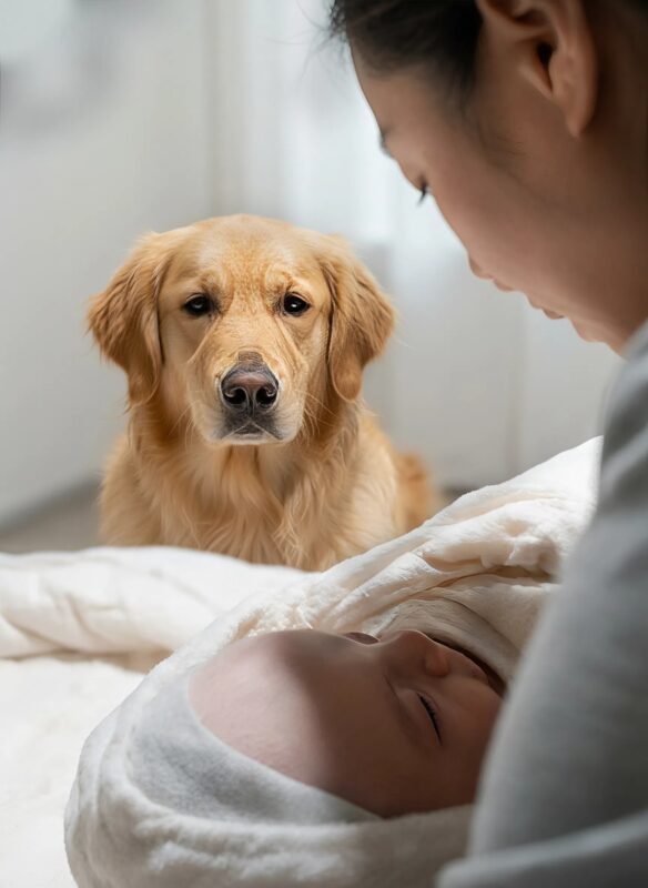 Az arany-retriever odalépett a kicsihez, és a család felfedezte furcsa viselkedésének valódi okát.