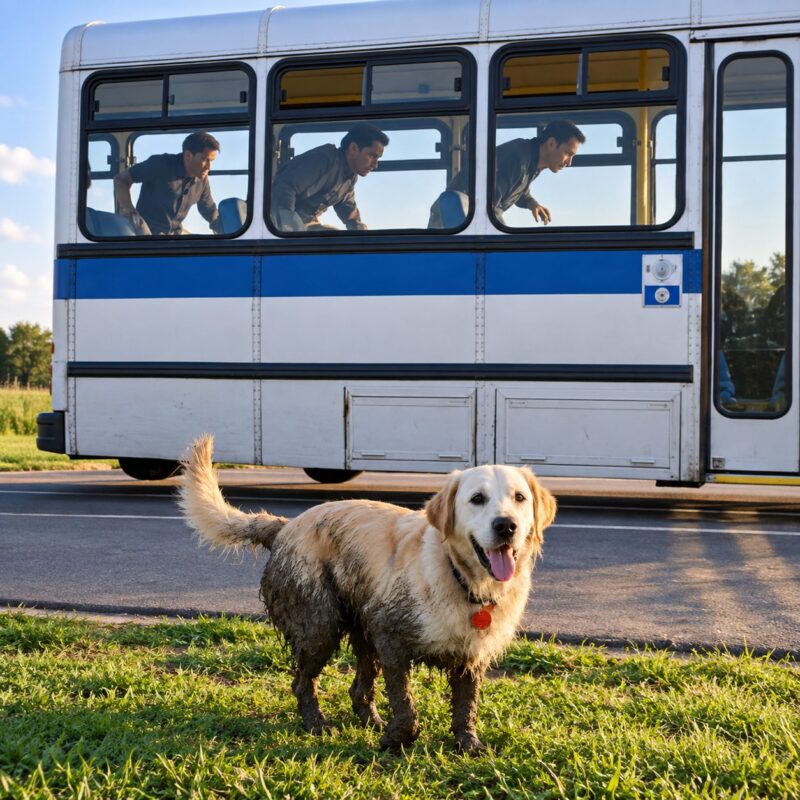 Egy sáros golden retriever megállít egy buszt a semmi közepén – és a nyakörvén lévő különös nyom mindenkit szóhoz sem jutva hagy.